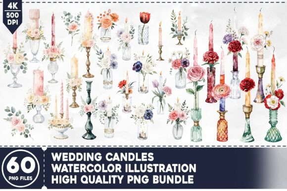 Wedding Candles Watercolor PNG Bundle: Elegant Digital Designs