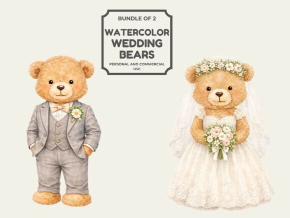 Wedding Teddy Bear PNG Bundle: Sweet Watercolor Designs for Love